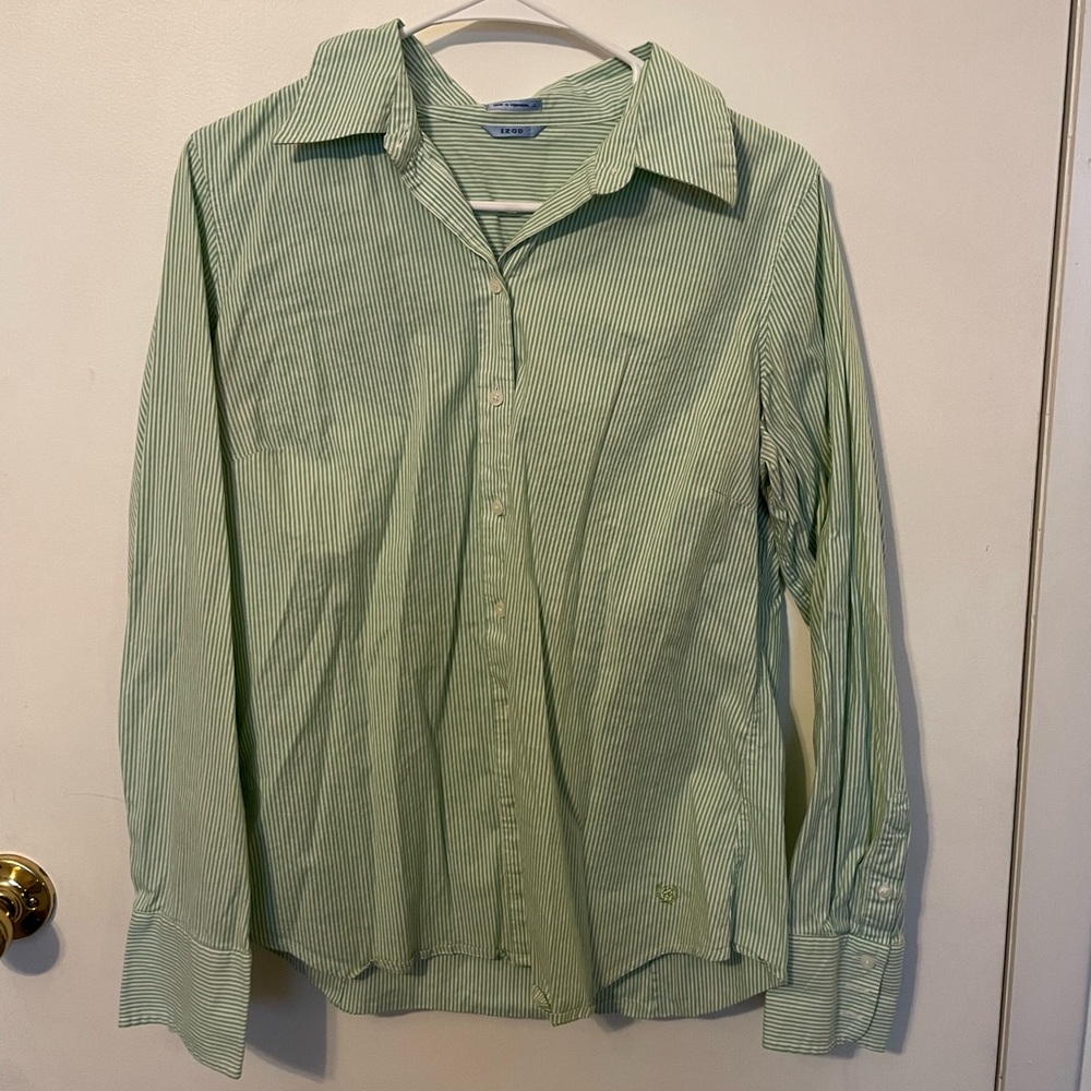 Izod Light Green Striped Button up women’s Shirt